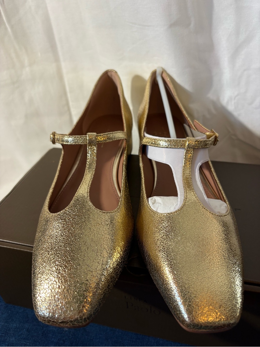 Linea Paulo Marcel Crinkle Metallic Gold Mary Jane Flat, Size 10, NWT